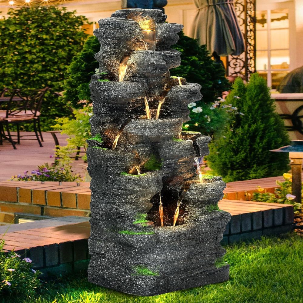 Outdoor Lighting Deck - 40 High Tiered Outdoor Rock Water