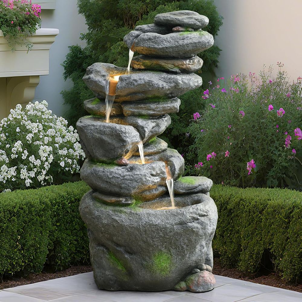 Outdoor Lighting Deck - 38 5-Tier Outdoor Waterfall Fountain with