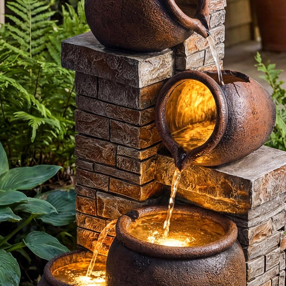 Outdoor Lighting Deck - 5-Tier Brown Outdoor Water Fountain with