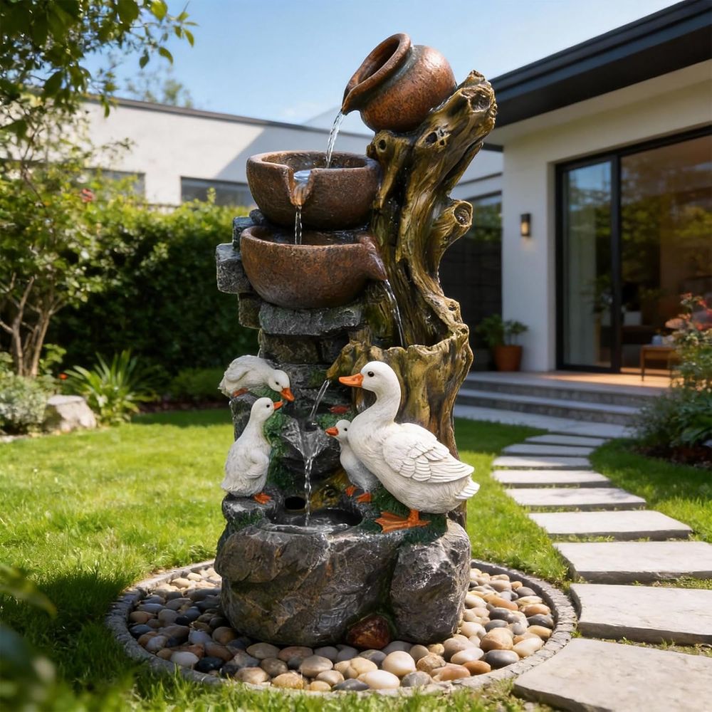Outdoor Lighting Deck - 6-Tier Cascading Tree Trunk Fountain with
